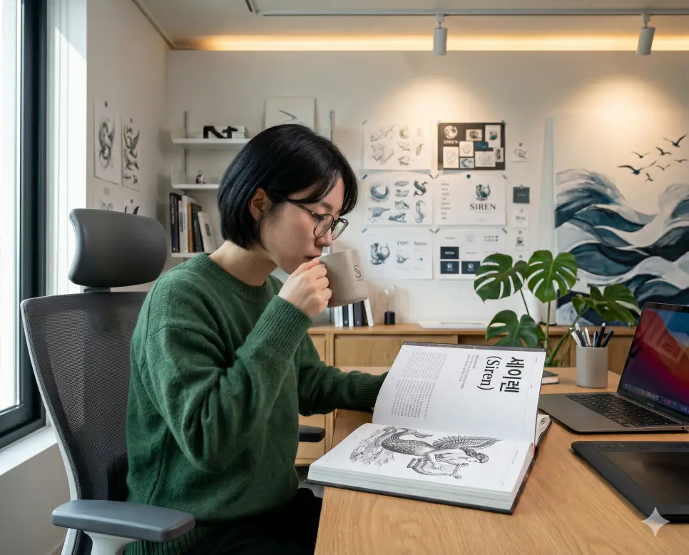 멸공 뜻, 세이렌 뜻, 탱크데이 뜻: 안보 수호와 신화적 상징이 남긴 브랜드 한정 마케팅 2 세이렌 뜻 신화 상징을 분석하기 위해 디자인 작업실 안에서 디자이너가 책을 읽으며 브랜드 로고 어원을 연구하는 인물 실사 모습