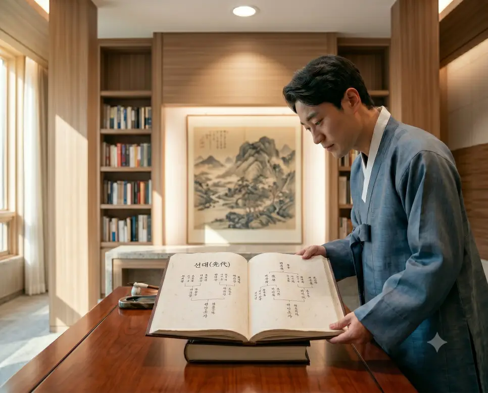조상 뜻, 선대 뜻, 후손 뜻: 가문의 핏줄과 혈통적 인프라가 이어지는 실존적 지속 2 선대 뜻 명칭을 표기하기 위해 고급 서재 내부에서 가문의 족보 책 표지에 박힌 타이포그래피를 포착한 선명한 실사 모습