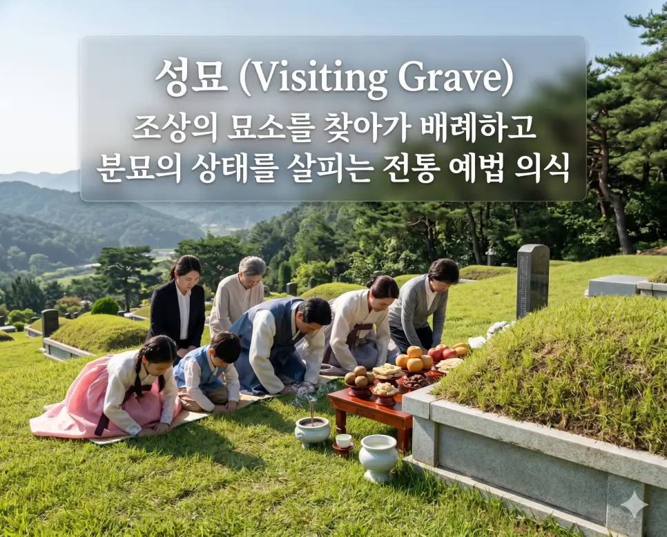 이장 뜻, 성묘 뜻, 벌초 뜻: 조상의 묘소를 옮기고 돌보는 전통 예법과 묘역 관리 상식 정리 2 성묘(Visiting Ancestral Graves)의 전통 예법 개념을 직관적으로 설명하기 위해, 푸른 산들이 내려다보이는 탁 트인 묘역에서 한 한국인 가족이 조상의 봉분 앞에 정성껏 음식을 차려놓고 깊은 그리움과 존경을 담아 동시에 절을 올리는 풍경을 촬영한 고해상도 실사 이미지입니다. 조상의 묘를 찾아 배례하고 관리 상태를 살피는 효의 본질을 인물들의 화목한 자세와 화사한 자연광을 통해 한눈에 파악할 수 있도록 구현했습니다.
