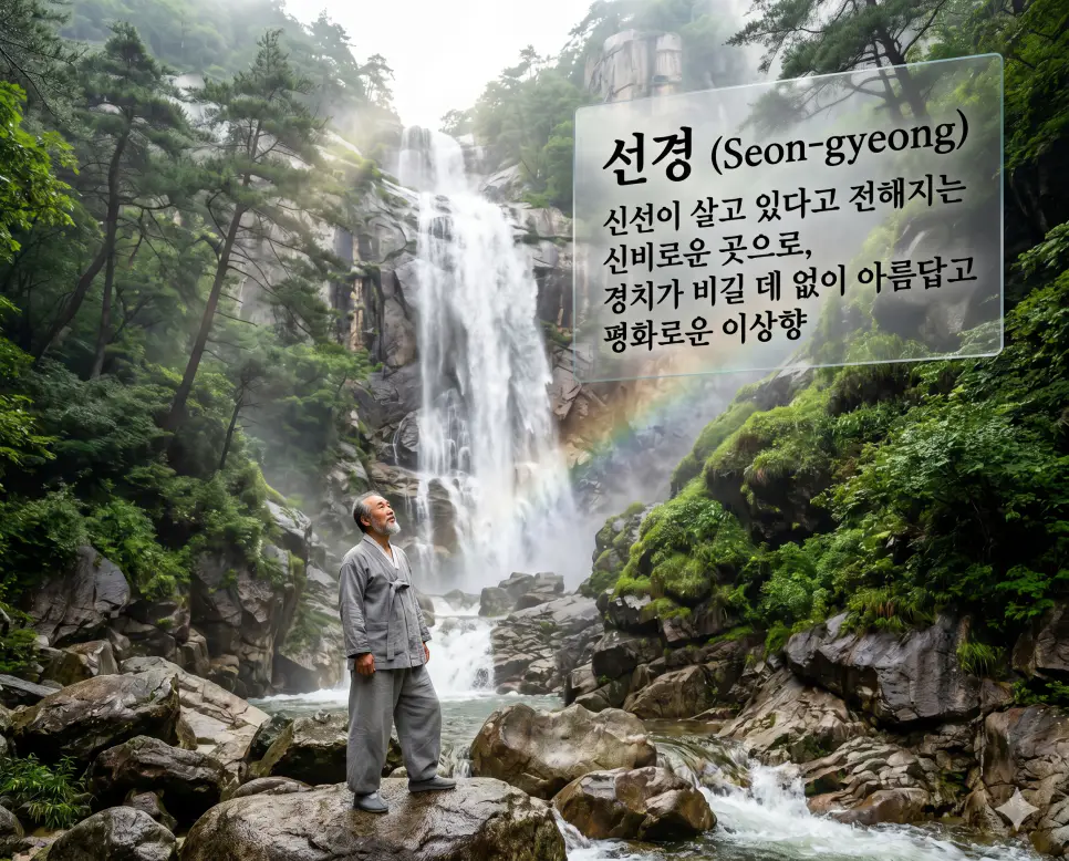에덴 뜻, 선경 뜻, 유토피아 뜻: 인류의 낙원과 신선의 세계 및 이상적인 사회 완벽 정리 2 선경(Fairyland)의 신비로운 이상향 개념을 생생하게 설명하기 위해, 웅장한 폭포가 쏟아지는 깊은 산세 아래에서 거친 삼베옷의 질감이 느껴지는 전통 복장의 한국인이 경탄어린 표정으로 풍경을 마주한 찰나의 순간을 포착한 고해상도 실사 이미지입니다. 실제 물안개 입자와 무지개, 그리고 바위의 미세한 균열까지 소름 돋게 사실적으로 묘사하여 신선이 살 법한 비길 데 없는 평화로운 세계를 직관적으로 시각화했습니다.