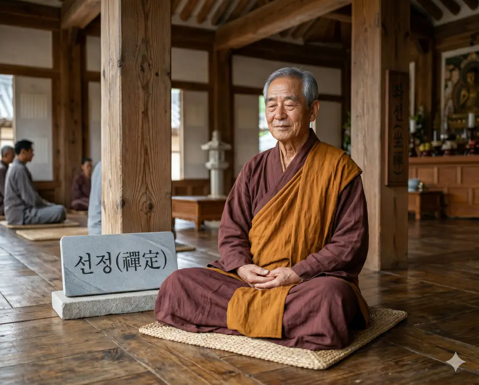 공안 뜻, 선정 뜻, 정진 뜻: 분별심을 타파하는 화두와 평온을 향한 의지적 노력 2 선정 정신적 안녕 뜻을 시각화하기 위해 고요한 대웅전 안에서 노승이 모든 잡념을 제어하고 최고조의 평온함으로 가부좌를 튼 인물 실사 모습