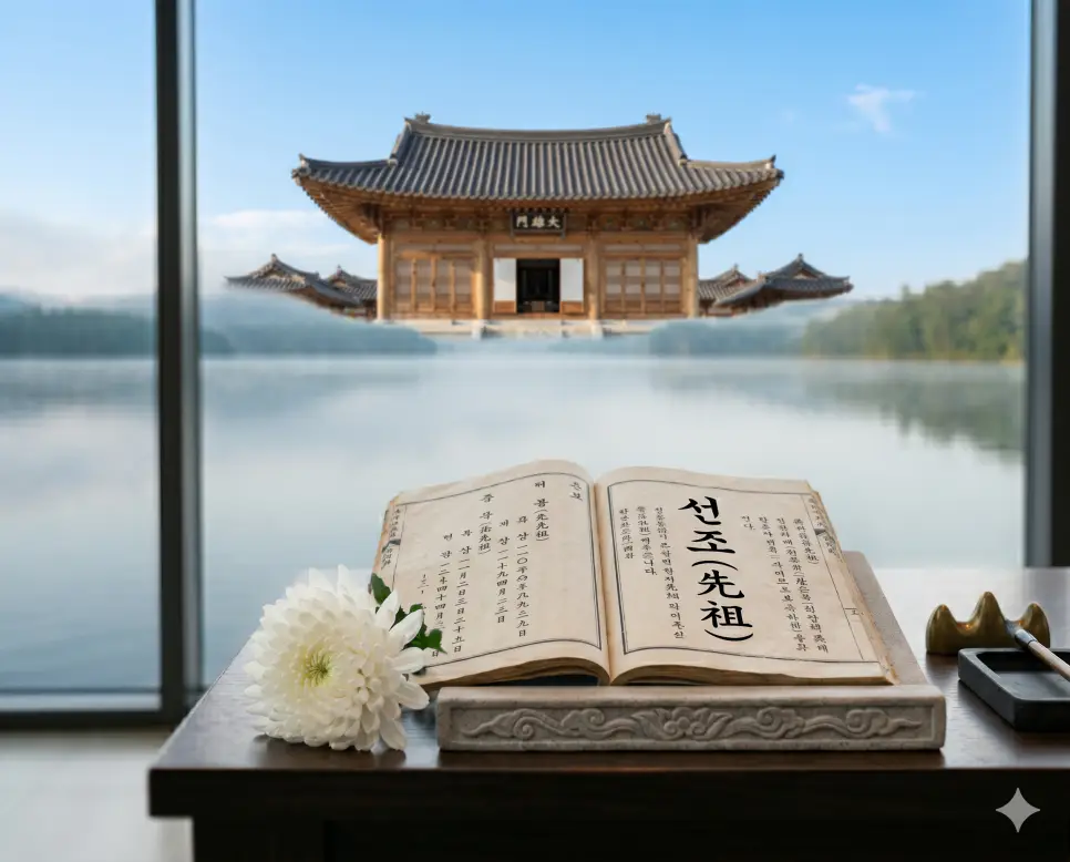 선인 뜻, 선망 뜻, 선조 뜻: 역사 속 고결한 인격과 핏줄이 남긴 실존적 토대 3 선조 뜻 원천을 시각화하기 위해 가문의 사당 앞에서 족보 서책의 미세한 결을 선명하게 촬영한 실사 이미지