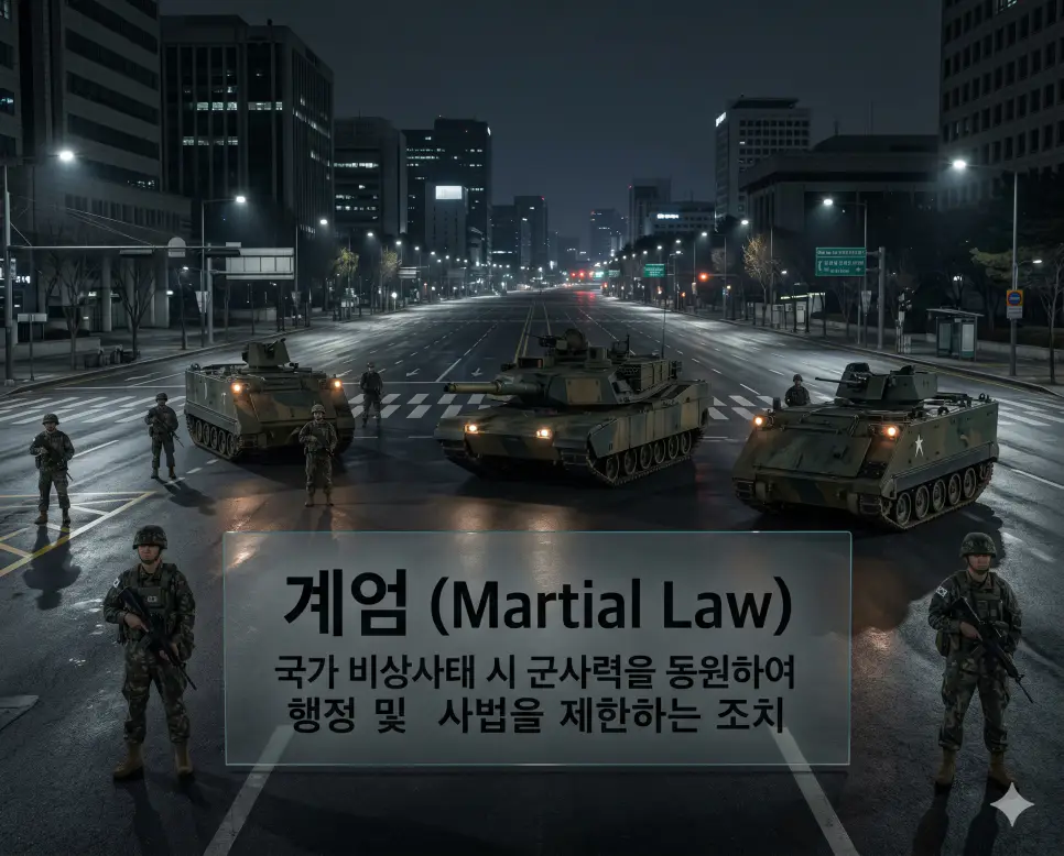 프로파간다 뜻, 계엄 뜻, 정변 뜻: 대중 선전 활동과 국가 비상사태 조치 및 비합법적 정권 탈취 확인 2 계엄 뜻을 시각화하기 위해 야간의 도심 광장에서 엄격한 경계 태세를 유지하는 한국군 병력과 장갑차의 무거운 분위기를 묘사한 8k 실사 사진