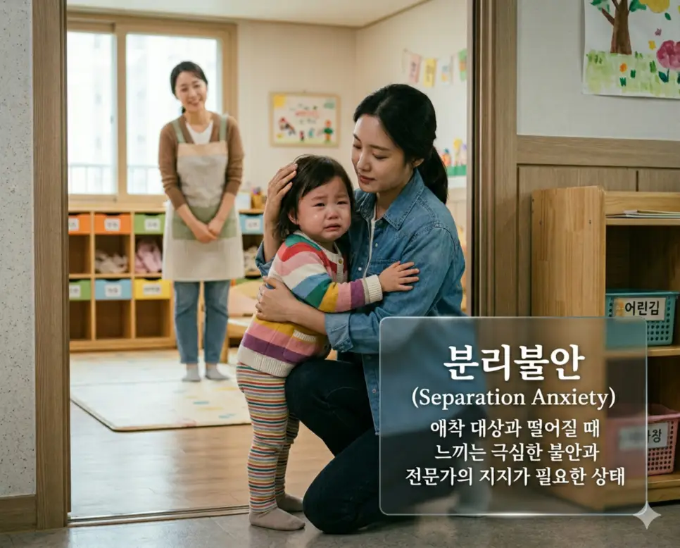 생애 주기 뜻, 분리불안 뜻, 자존감 뜻: 삶의 궤적과 심리적 성장 2 분리불안 뜻을 시각화하기 위해 영유아가 어린이집 등에서 애착 대상과 떨어질 때 느끼는 심리적 불안과 이를 지지해 주는 모습을 담은 이미지