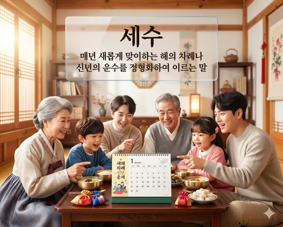 나이 뜻, 세수 뜻, 수명 뜻: 생애 주기의 누적 기간과 생존의 가치 및 신년 운수 정리 2 세수(Sesu)의 희망찬 신년 운수 개념을 직관적으로 설명하기 위해, 화창한 새해 아침 정갈한 목재 테이블 앞에 모여 앉은 한국인 가족들이 새로운 달력을 펼쳐놓고 올해의 차례와 다가올 운세를 설레는 표정으로 이야기 나누는 화목한 풍경을 촬영한 고해상도 실사 이미지입니다. 매년 새롭게 맞이하는 시간의 질서와 기대를 인물들의 밝은 웃음과 따뜻한 아침 햇살 연출을 통해 한눈에 파악할 수 있도록 구현했습니다.