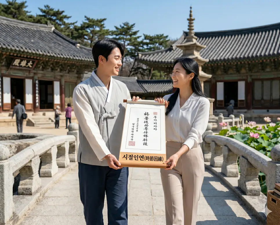 천상 뜻, 색즉시공 뜻, 시절인연 뜻: 우주의 본질을 꿰뚫는 진리와 자연의 법칙 3 시절인연 자연의 법칙 뜻을 표기하기 위해 아름다운 돌다리 위에서 두 남녀가 조건이 성숙해 우연히 만나 미소 짓는 인물 실사 이미지