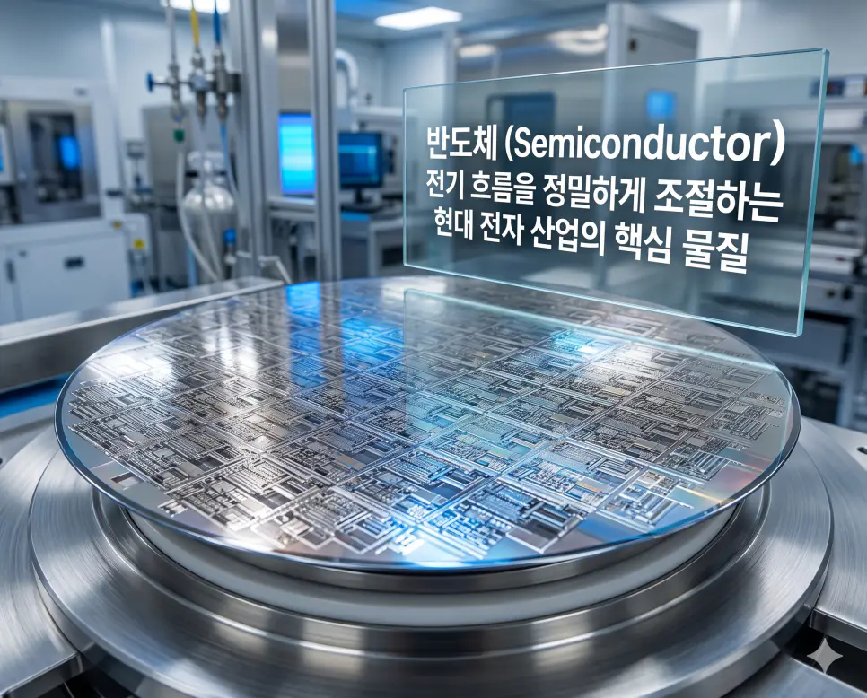 반도체 뜻을 시각화하기 위해 현대 전자 기기의 핵심 부품인 실리콘 웨이퍼 위에 정밀하게 새겨진 미세 회로의 모습을 담은 이미지