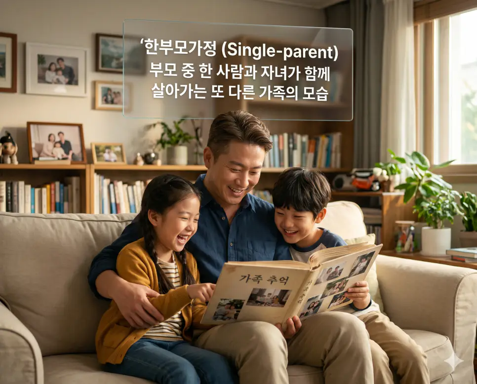 고려인 뜻, 미혼모 뜻, 한부모 가정 뜻: 우리 사회의 소외된 이웃을 포용하다 3 한부모가정 뜻을 설명하기 위해 이혼이나 사별 등의 사유로 부모 중 한 사람과 그 자녀가 함께 안정적이고 화목한 생활을 영위하는 가족 형태를 표현한 시각 자료