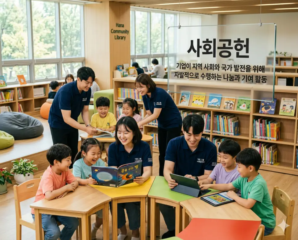 사회공헌 뜻을 시각화하기 위해 기업이 지역 사회와 국가 발전을 위해 자발적으로 수행하는 나눔 활동과 상생의 가치를 담은 이미지