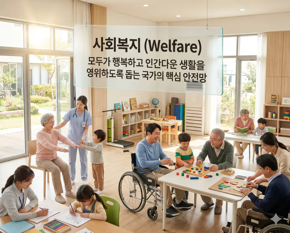 사회복지 뜻, 워커 뜻, 욕구 뜻: 인간다운 삶을 위한 행복의 설계 1 사회복지 뜻을 설명하기 위해 국민의 생활 안정과 행복을 위해 보건, 의료 등 다각적인 공공 및 민간 활동이 체계적으로 이루어지는 공동체 현장을 시각화한 이미지
