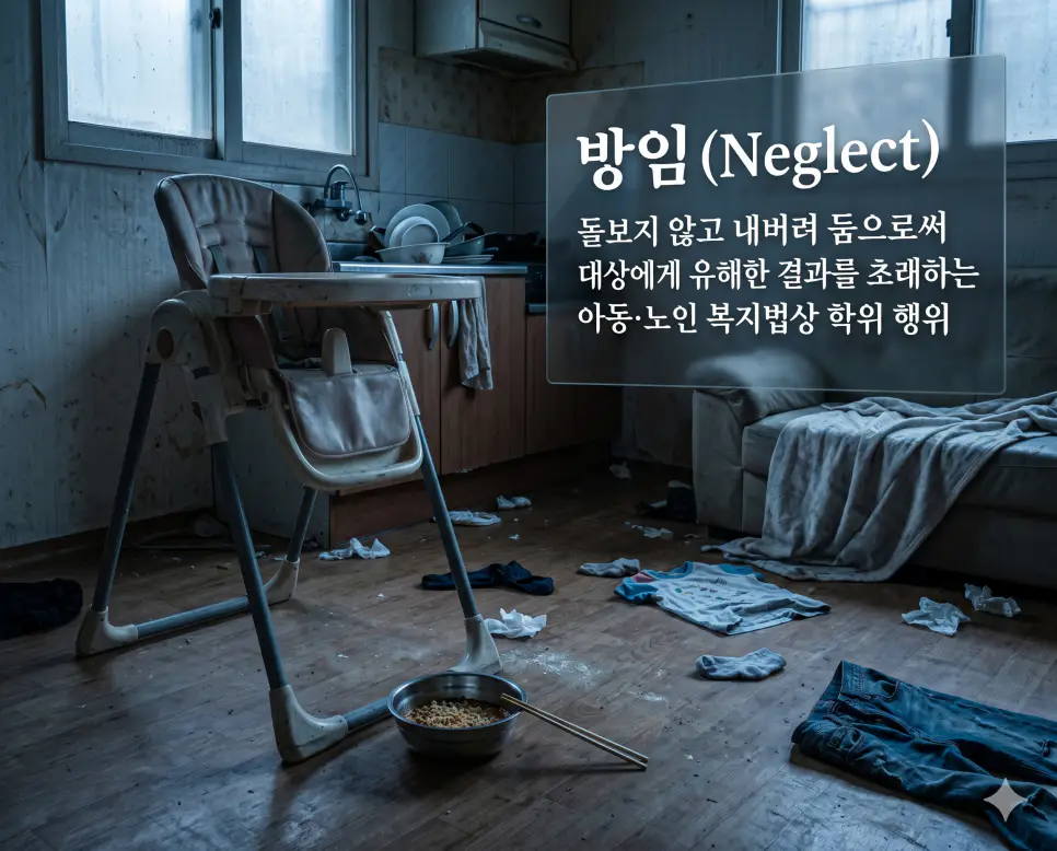 방임(Neglect)의 사회 복지학적 개념을 직관적으로 설명하기 위해, 어둡고 서늘한 조명이 깔린 방치된 방 안 바닥에 텅 빈 아기 식사용 의자가 덩그러니 놓여 있고 그 옆으로 식어버린 컵라면 용기와 흐트러진 옷가지들이 널브러져 있는 풍경을 시각화한 초정밀 실사 이미지입니다. 대상을 돌보지 않고 내버려 두어 초래된 유해한 결과를 한눈에 파악할 수 있도록 구현했습니다.