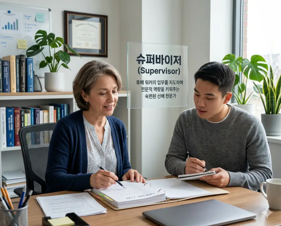 슈퍼바이저 뜻, 라포 뜻, 의뢰 뜻: 사회복지 실천의 전문적 유대와 책임 1 슈퍼바이저 뜻을 설명하기 위해 현장의 숙련된 선배가 후배 워커에게 전문 지식과 기술을 전수하며 정서적으로 지지하는 교육적 지도 장면을 시각화한 이미지
