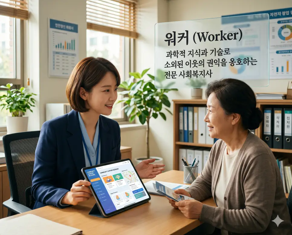 사회복지 뜻, 워커 뜻, 욕구 뜻: 인간다운 삶을 위한 행복의 설계 2 워커 뜻을 시각화하기 위해 전문적인 지식과 기술을 바탕으로 소외된 이웃의 문제를 해결하고 지역 사회 자원을 연결하는 사회복지사의 헌신적인 모습을 담은 이미지