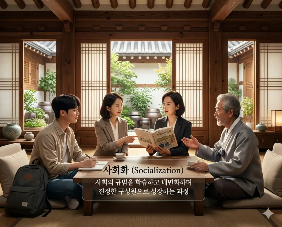 레질리언스 뜻, 회복탄력성 뜻, 사회화 뜻: 마음의 근력과 성장의 과정 3 사회화 뜻을 설명하기 위해 타인과의 상호작용을 통해 사회의 규범과 가치를 학습하며 공동체의 일원으로 성장하는 과정을 표현한 시각 자료