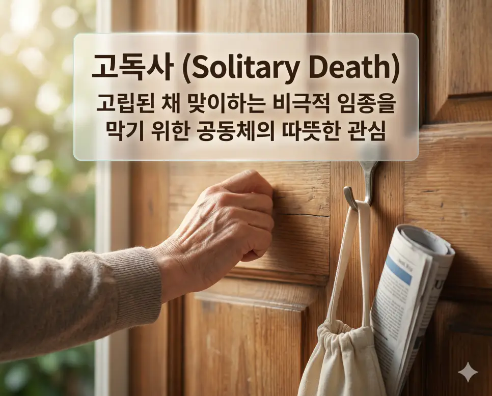 홈리스 뜻, 독거 노인 뜻, 고독사 뜻: 사회적 고립과 단절의 예방 3 고독사 뜻을 설명하기 위해 사회적 고립 속에 홀로 맞이하는 비극적 임종을 예방하고자 공동체가 따뜻하게 안부를 확인하는 장면을 표현한 시각 자료