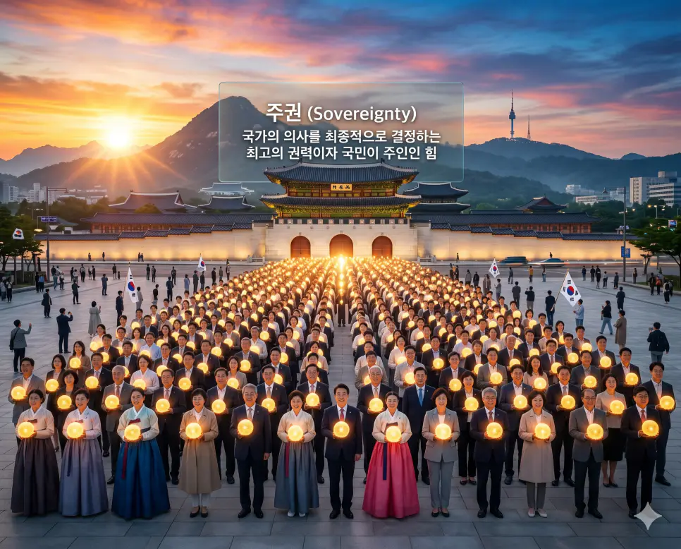 주권 뜻, 법치주의 뜻, 발의 뜻: 민주 국가의 권능과 법적 절차 1 주권 뜻을 설명하기 위해 국가의 의사를 최종적으로 결정하는 최고의 권력이 국민에게 있음을 상징하는 한국 시민들의 위엄 있는 모습을 시각화한 이미지