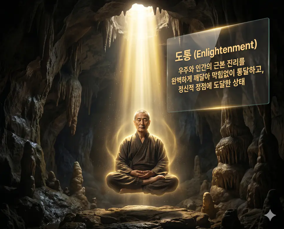 영적 초월과 깨달음에 관한 핵심 용어인 신선, 도인, 도통의 정확한 뜻을 한눈에 비교할 수 있도록 각 개념을 대변하는 직관적인 인물 중심 시각 자료를 체계적으로 배열하고, 왼쪽 크리스털 프리즘에 각 단어를 1:1로 매칭하여 가독성을 극대화한 초호화 K-에디토리얼 매거진 포스터 스타일의 프리미엄 인포그래픽 포스터입니다. 세련된 티타늄 그레이 배경 위에 정교한 레이아웃을 배치하여 압도적인 시각적 완성도를 구현했습니다.