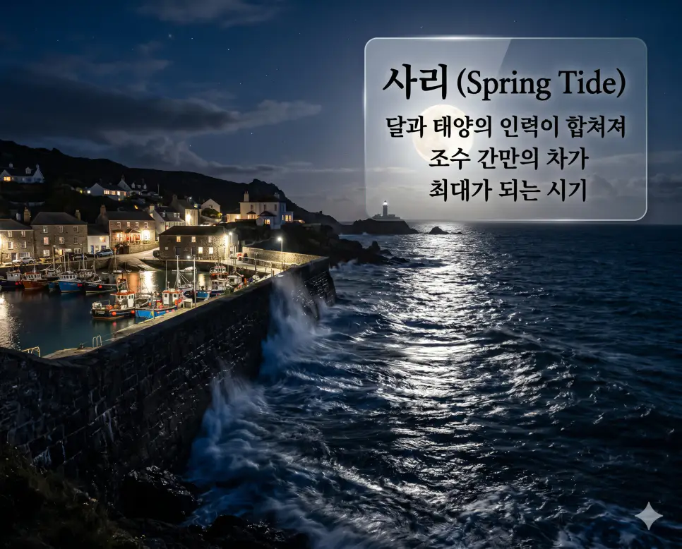 사리 뜻, 대조 뜻, 간조 뜻: 밀물과 썰물의 차이가 가장 커지는 조석 현상 분석 1 사리 뜻을 설명하기 위해 보름달 아래 바닷물이 선착장 끝까지 가득 차오른 역동적인 해안 풍경 실사 이미지