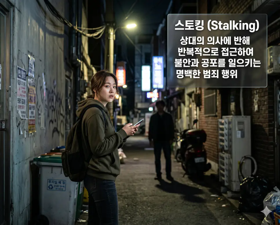 스토킹 뜻을 설명하기 위해 상대방의 의사에 반해 반복적으로 접근하여 불안감과 공포심을 일으키는 범죄 행위와 이에 대한 경각심을 시각화한 이미지