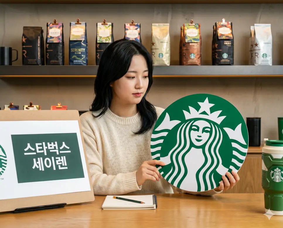 정용진 멸공 뜻, 스타벅스 탱크데이 뜻, 스타벅스 세이렌 뜻: 소셜 미디어 이슈와 브랜드 상징의 파급력 3 스타벅스 세이렌 로고 가치를 분석하기 위해 디자인 스튜디오에서 전문가가 초록색 원형 심볼 마크를 연구하는 인물 실사 이미지
