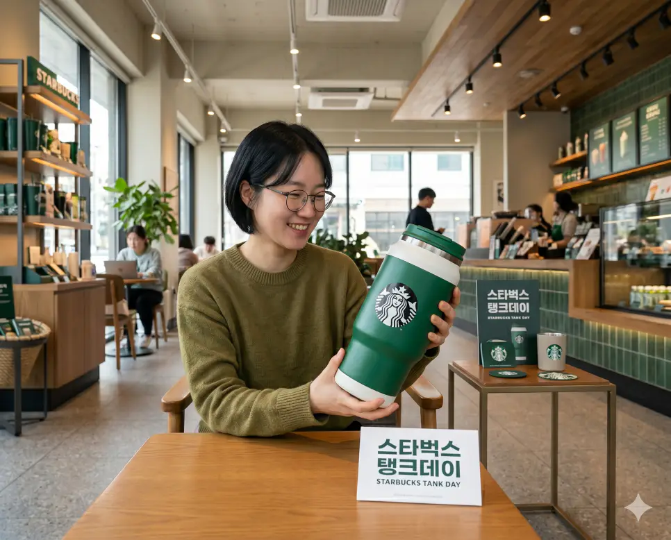 정용진 멸공 뜻, 스타벅스 탱크데이 뜻, 스타벅스 세이렌 뜻: 소셜 미디어 이슈와 브랜드 상징의 파급력 2 스타벅스 탱크데이 프로모션을 시각화하기 위해 밝은 매장 안에서 고객이 대용량 한정판 탱크 텀블러를 들고 행복해하는 인물 실사 모습