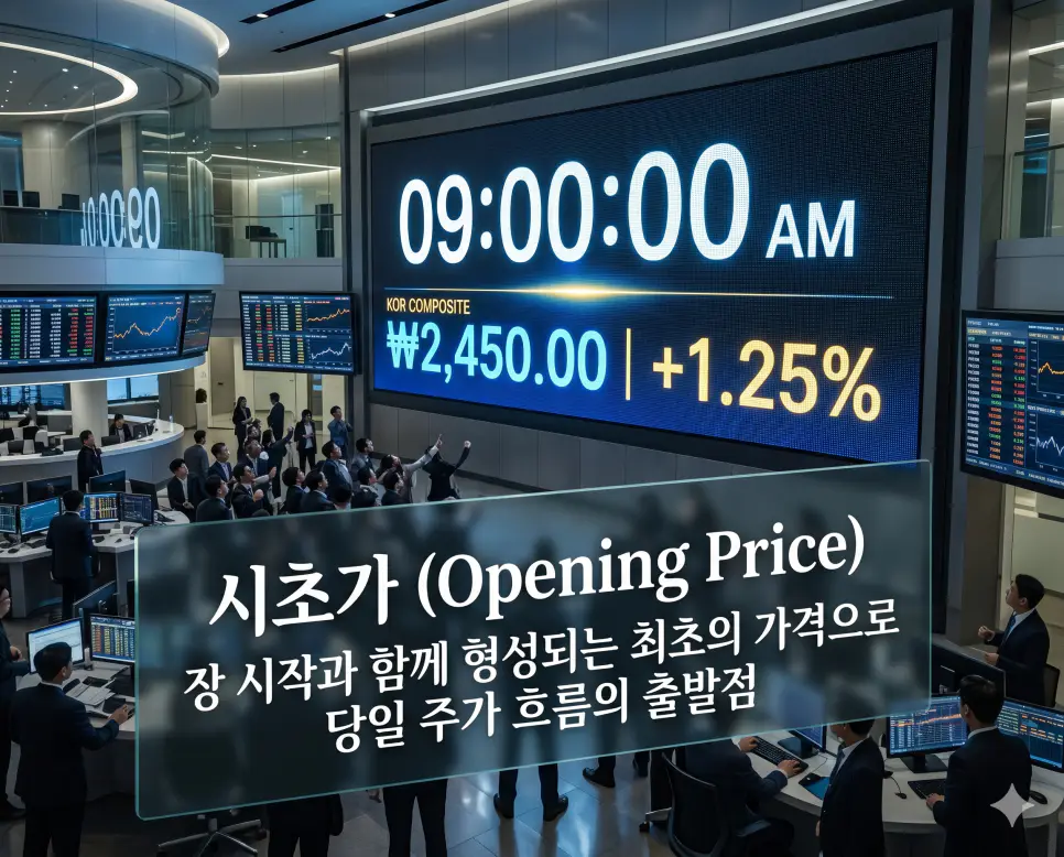 거래대금 뜻, 시초가 뜻, 갭상승 뜻: 주식 시장의 에너지와 추세 분석 정리 2 시초가(Opening Price)의 의미를 설명하기 위해 오전 9시 정규 시장이 문을 여는 순간 결정되는 최초의 가격을 미래지향적인 거래소 환경과 대형 전광판을 통해 담은 초정밀 실사 이미지입니다. 당일 주가 흐름의 출발점이자 투자자들의 기대가 집중되는 가격 형성의 순간을 시각화하였습니다.