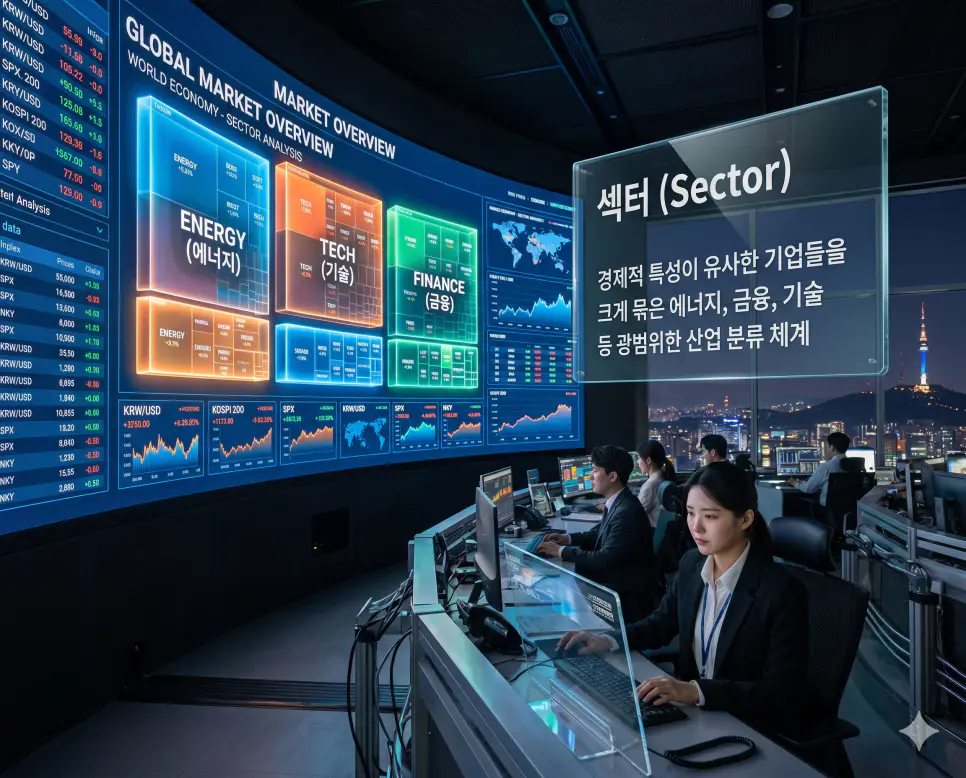 섹터 뜻, 업종 뜻, 시클리컬 뜻: 주식 시장 산업 분류 완벽 정리 1 섹터 뜻을 설명하기 위해 유사한 경제적 특성을 가진 기업들을 에너지, 기술 등 큰 단위로 묶은 광범위한 산업 분류 체계를 극초실사 이미지로 시각화한 자료