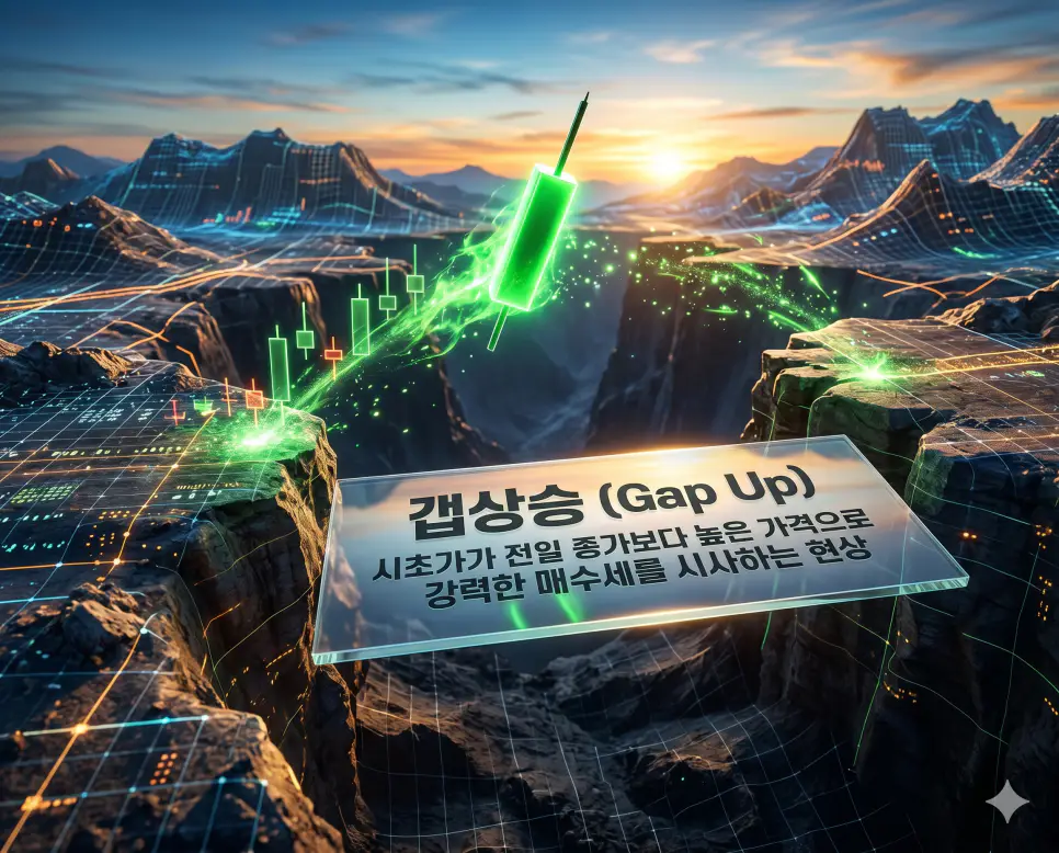 거래대금 뜻, 시초가 뜻, 갭상승 뜻: 주식 시장의 에너지와 추세 분석 정리 3 갭상승(Gap Up)의 구조를 상세히 전달하기 위해 당일 시초가가 전일 종가보다 훨씬 높은 가격에서 시작하며 발생하는 가격의 빈 공간(갭)을 시각화한 자료입니다. 장전부터 강력한 매수세가 유입되어 주가가 수직 상승하며 출발하는 강력한 모멘텀을 상징적으로 담아냈습니다.