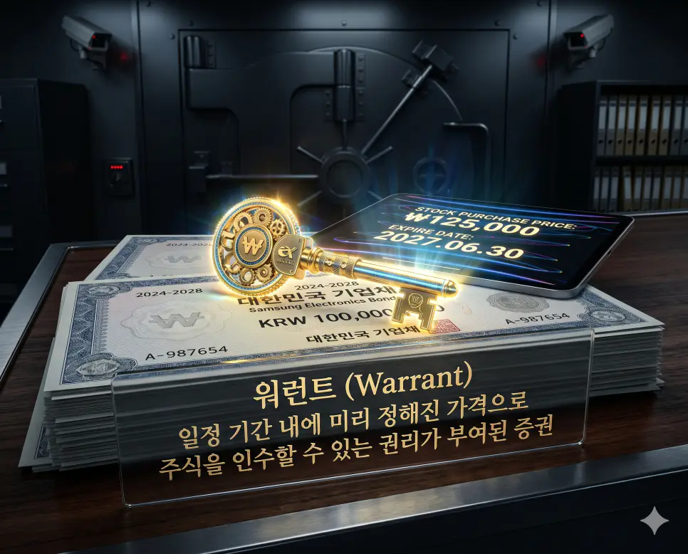 메자닌 뜻, 워런트 뜻, 콜옵션 뜻: 주식과 채권 사이 하이브리드 투자 정리 2 워런트 뜻을 시각화하기 위해 발행 회사의 주식을 미리 정해진 가격에 살 수 있는 권리가 부여된 유가증권의 레버리지 특성을 상징적으로 표현한 초정밀 실사 이미지