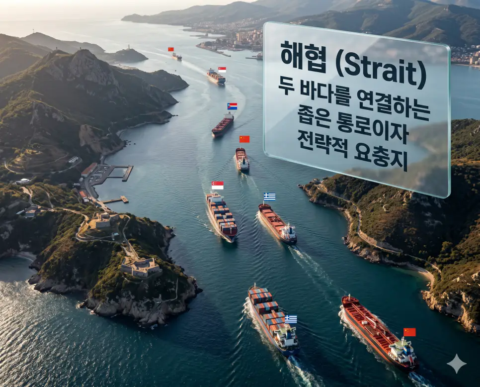 영해 뜻, 내수 뜻, 해협 뜻: 국가 주권이 미치는 바다의 경계와 전략적 요충지 분석 3 해협 뜻을 정의하기 위해 두 바다를 잇는 좁은 통로를 통과하는 국제 화물선들의 전략적 이동 현장 이미지