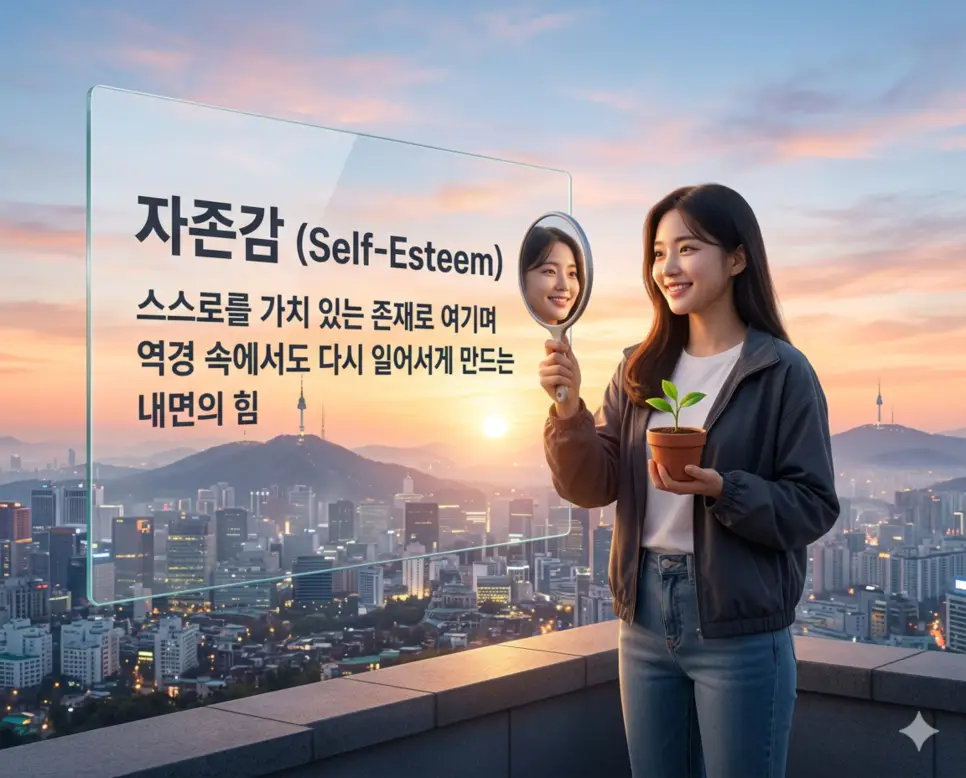 생애 주기 뜻, 분리불안 뜻, 자존감 뜻: 삶의 궤적과 심리적 성장 3 자존감 뜻을 설명하기 위해 내면의 가치를 긍정하며 어려움 속에서도 자신을 믿고 다시 일어서는 내면의 강력한 심리적 역량을 표현한 시각 자료