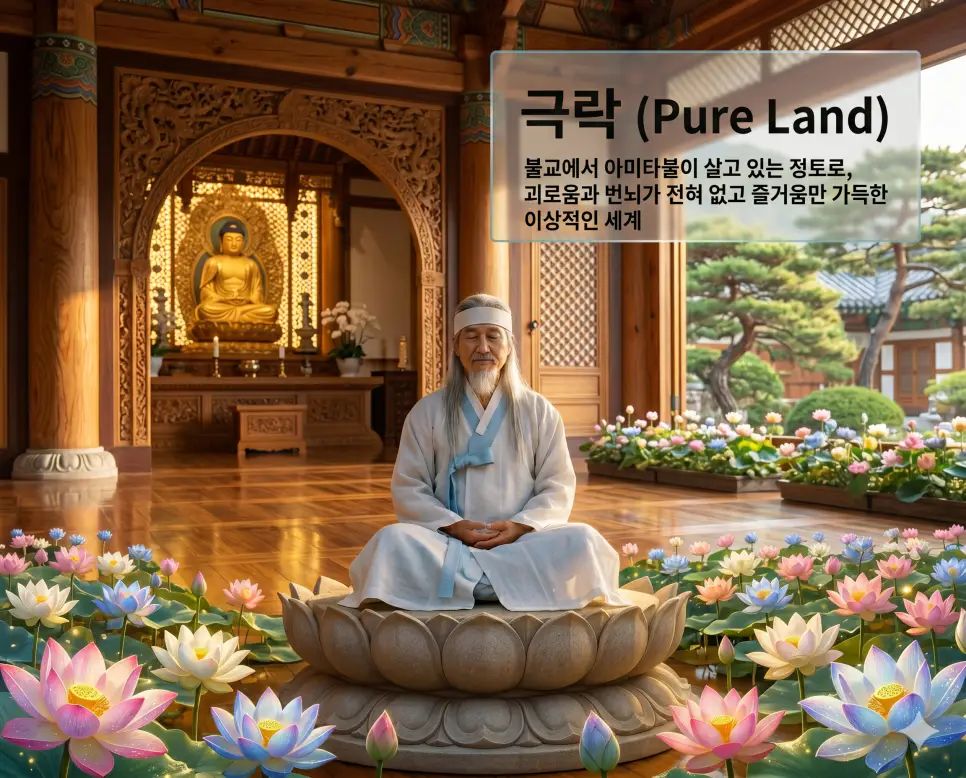 극락 뜻, 천국 뜻, 낙원 뜻: 불교와 그리스도교의 이상향 및 사후 안식처 완벽 정리 1 극락(Pure Land)의 평온한 안식을 극사실적으로 전달하기 위해, 아침 햇살이 비치는 정갈한 법당 내부에서 주름진 피부와 흰 머리카락의 질감이 생생하게 살아있는 70대 한국인 노인이 깊은 명상에 잠겨 번뇌 없는 표정을 짓고 있는 모습을 촬영한 고해상도 실사 이미지입니다. 카메라 렌즈의 광학적 특성이 그대로 느껴지는 사실적인 조명 연출을 통해 괴로움이 없는 이상적인 정토의 기품을 1초 만에 인지할 수 있도록 구현했습니다.