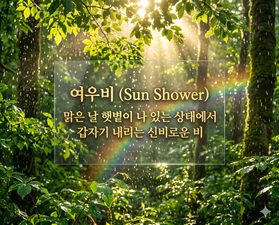 십오야 뜻, 여우비 뜻, 가랑비 뜻: 한국의 정서와 자연을 담은 예쁜 우리말 정리 2 여우비(Sun Shower)의 신비로운 기상 현상을 설명하기 위해 맑은 하늘에서 쏟아지는 황금빛 햇살과 반짝이는 빗방울이 어우러진 숲속 풍경을 시각화한 초정밀 실사 이미지입니다. 예고 없이 찾아오는 자연의 마법 같은 순간을 감성적으로 담아냈습니다.