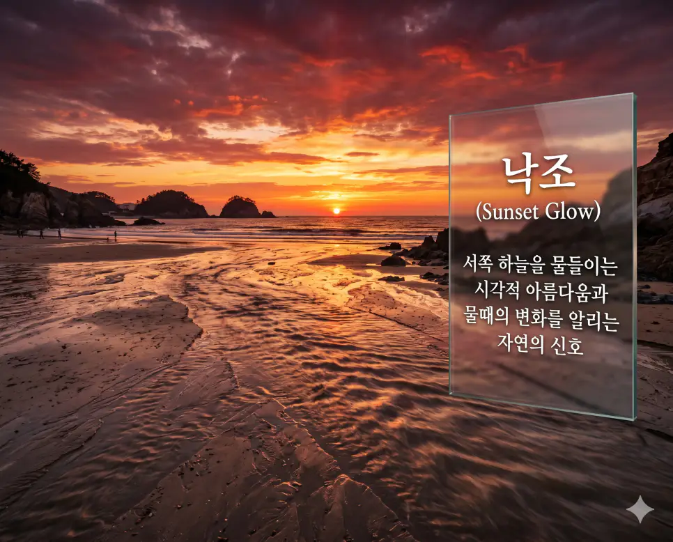 낙조 뜻을 시각화하기 위해 붉게 물든 서해 바다의 장엄한 풍경과 조석의 변화를 암시하는 해 질 녘의 사진