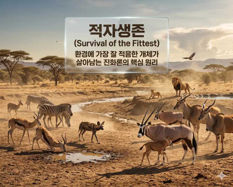 크로마뇽인 뜻, 직립보행 뜻, 적자생존 뜻: 현생 인류의 조상과 진화의 법칙 정리 3 적자생존 뜻을 설명하기 위해 변화하는 자연 환경에 가장 잘 적응하는 생물이 살아남아 자손을 남기는 진화론적 과정을 표현한 시각 자료