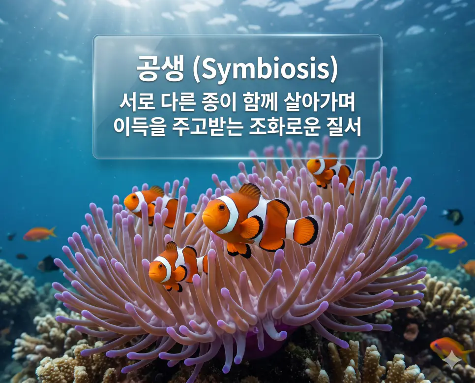 공생 뜻을 시각화하기 위해 서로 다른 종류의 생물이 함께 살아가며 서로에게 이득을 주는 조화로운 자연계의 질서를 담은 이미지