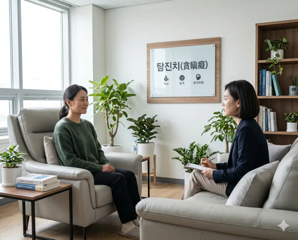 탐진치 세 가지 독소 뜻을 표기하기 위해 현대적인 상담실 내부에서 전문가가 대화를 통해 마음의 파멸 리스크를 치료하는 인물 실사 이미지
