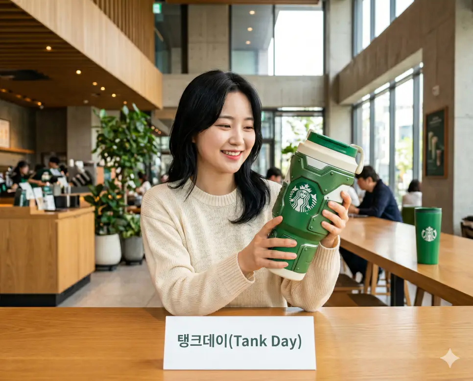 멸공 뜻, 세이렌 뜻, 탱크데이 뜻: 안보 수호와 신화적 상징이 남긴 브랜드 한정 마케팅 3 탱크데이 뜻 브랜드 마케팅을 시각화하기 위해 세련된 카페 내부에서 고객이 시그니처 엠블럼이 새겨진 대용량 한정판 탱크 텀블러를 들고 있는 인물 실사 이미지