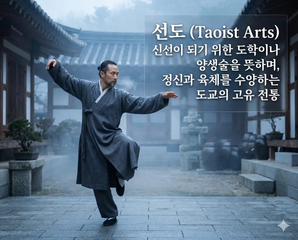 득도 뜻, 선도 뜻, 불로초 뜻: 우주 진리의 깨달음과 도교 양생술 및 영생의 약초 정리 2 선도(Taoist Alchemy)의 수양 전통 개념을 직관적으로 설명하기 위해, 안개가 자욱하게 깔린 새벽녘의 전통 한옥 마당에서 회색 도포를 차려입은 수련생이 기와 정신을 조화롭게 다스리는 부드러우면서도 절도 있는 양생술 동작을 수행하는 모습을 촬영한 고해상도 실사 이미지입니다. 신선이 되기 위해 육체와 정신을 정화하는 도교 고유 전통의 진중함을 인물의 절제된 움직임과 차분한 새벽 공기를 통해 한눈에 파악할 수 있도록 구현했습니다.