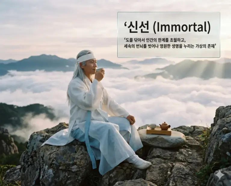 taoist immortal figure misty mountain peak clouds 8k