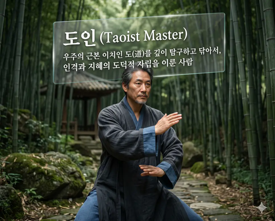 도인(Taoist Master)의 인격적 자립 개념을 직관적으로 설명하기 위해, 고요한 대나무 숲 한가운데에서 깊은 지혜가 담긴 눈빛으로 우주의 이치를 몸에 담듯 정교한 기공 동작을 수행하는 한국인 도인의 모습을 촬영한 고해상도 실사 이미지입니다. 학문과 수양을 통해 도덕적 자립을 이룬 인격자의 진중함을 인물의 절제된 움직임과 차분한 자연 배경을 통해 한눈에 파악할 수 있도록 구현했습니다.