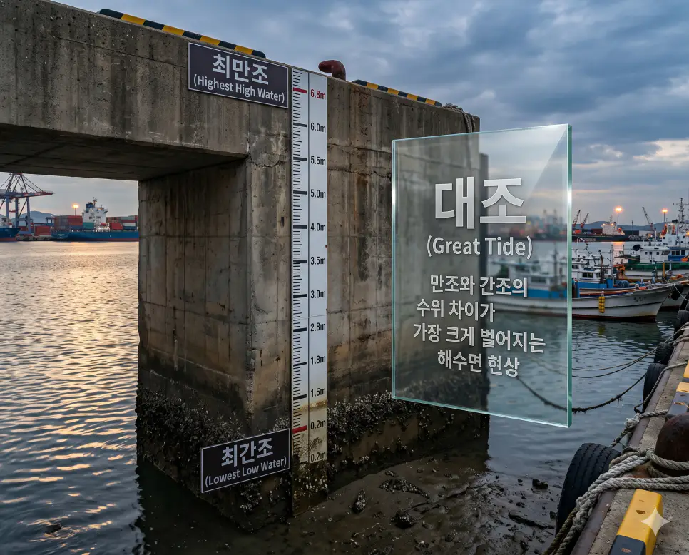 사리 뜻, 대조 뜻, 간조 뜻: 밀물과 썰물의 차이가 가장 커지는 조석 현상 분석 2 대조 뜻을 시각화하기 위해 만조와 간조의 극명한 높이 차이를 항구의 수위 표시판으로 보여주는 고화질 사진