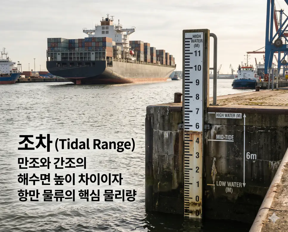 조차 뜻, 곶 뜻, 창조 뜻: 해수면의 높이 변화와 해안 지형의 특징 분석 1 조차 뜻을 설명하기 위해 항만 벽면에 설치된 수위 눈금자와 만조/간조의 극명한 차이를 보여주는 고화질 실사 이미지