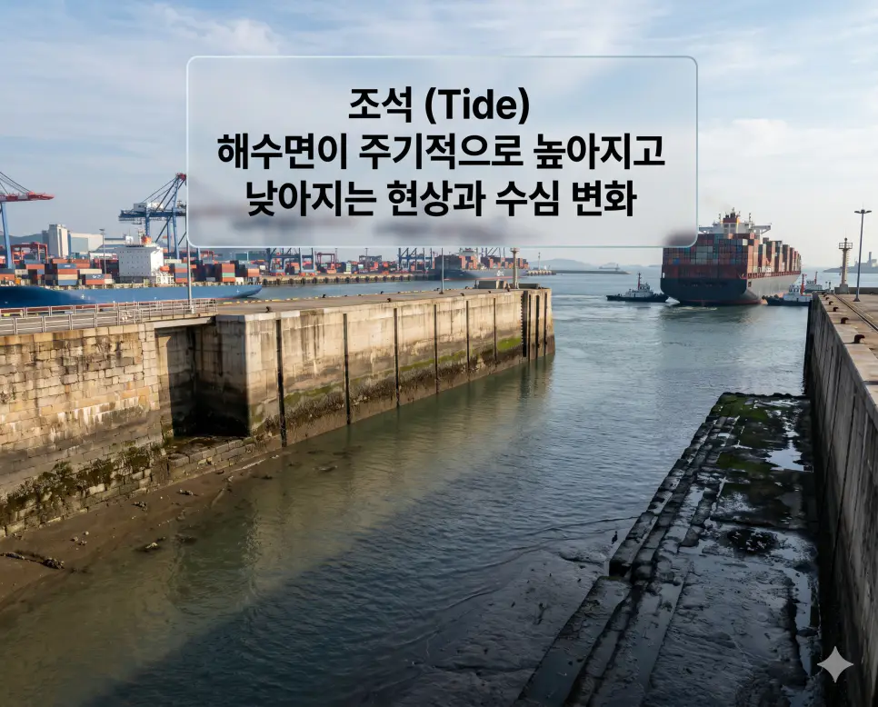 조석 뜻을 시각화하기 위해 밀물과 썰물에 따라 항구의 해수면 높이가 주기적으로 변하는 현상을 담은 고화질 사진