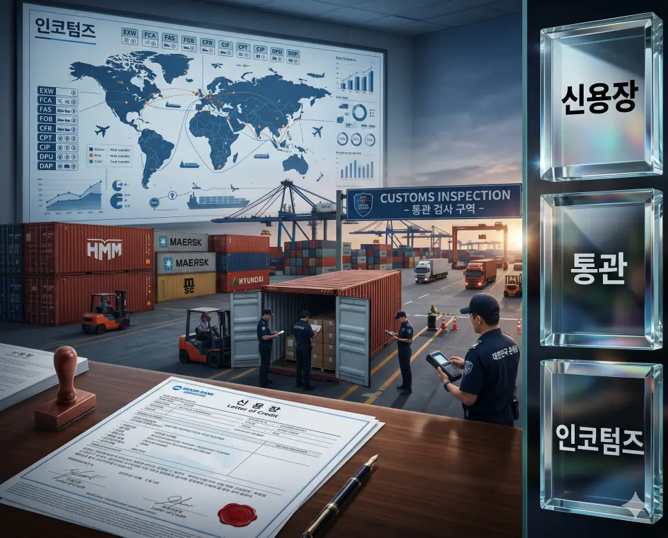 신용장 (L/C) 뜻, 통관 뜻, 인코텀즈 뜻: 무역 대금 결제의 안전장치와 수출입 행정 절차 분석 4 무역 거래의 3대 핵심인 대금 지급(신용장), 행정(통관), 규칙(인코텀즈)의 개념을 완벽 분석하는 전략 포스터 이미지