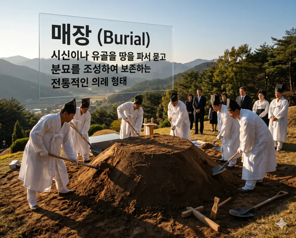 매장(Burial)의 전통적인 예법을 즉각적으로 인지할 수 있도록, 맑은 오후 기운이 도는 산등성이 묘소 부지에서 하얀 상복을 입은 한국인 장정들이 조상을 모시기 위해 정성껏 흙을 쌓아 전통적인 봉분을 조성하는 제례 의식 장면을 묘사한 고해상도 실사 이미지입니다. 땅을 파서 시신을 묻고 분묘를 만들어 보존하는 유구한 한국적 장례 관습의 숭고함을 인물들의 정중한 자세와 탁 트인 자연 경관을 통해 직관적으로 시각화했습니다.