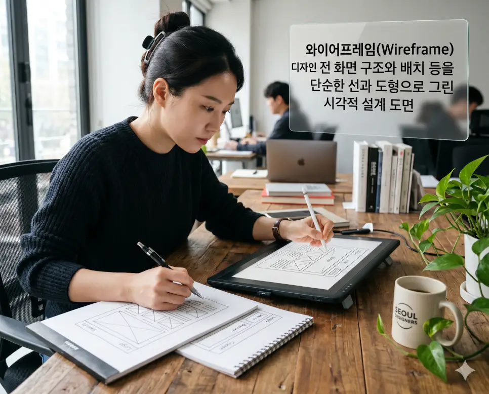 와이어프레임 뜻을 시각화하기 위해 본격적인 디자인 전 화면 구조와 레이아웃을 단순한 선으로 그린 시각적인 가이드라인을 담은 이미지