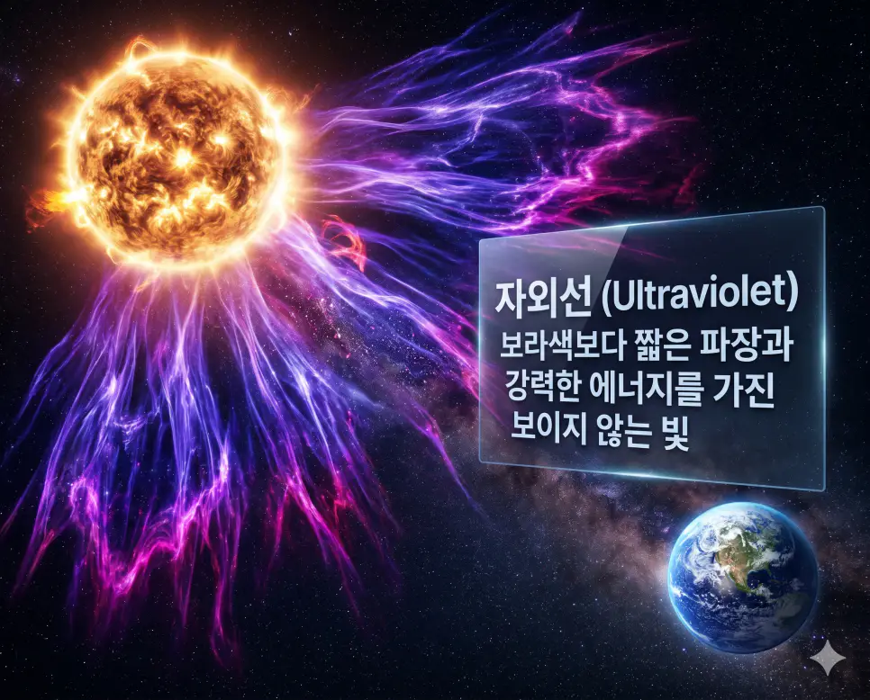 자외선 뜻을 설명하기 위해 태양에서 방출되는 강력한 에너지를 가진 보라색 너머의 보이지 않는 빛을 시각화한 이미지