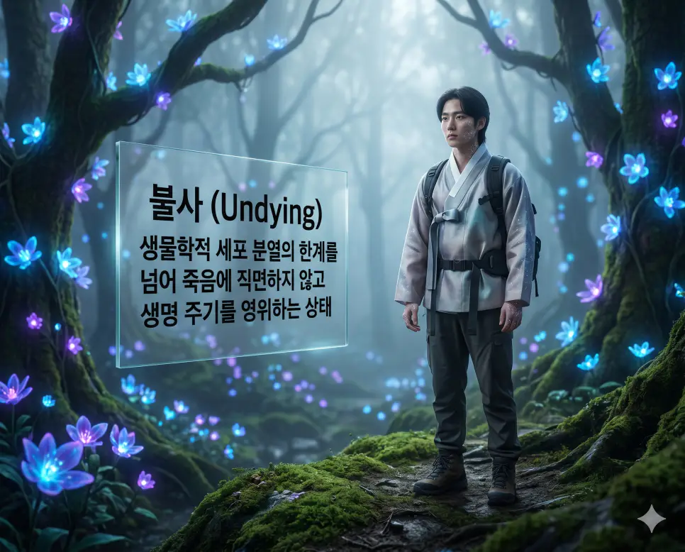 불사(Undying)의 생물학적 한계를 초월한 생명력을 즉각적으로 인지할 수 있도록, 형광빛 꽃들이 만개한 신비로운 고대 숲의 가장자리에서 수천 년의 지혜가 담긴 눈빛을 지닌 젊은 한국인 여성이 신비로운 아우라를 내뿜으며 서 있는 장면을 촬영한 고해상도 실사 이미지입니다. 죽음에 직면하지 않고 생명 주기를 영원히 영위하는 초자연적인 생존 상태를 인물의 오묘한 표정과 환상적인 숲의 분위기를 통해 직관적으로 시각화했습니다.