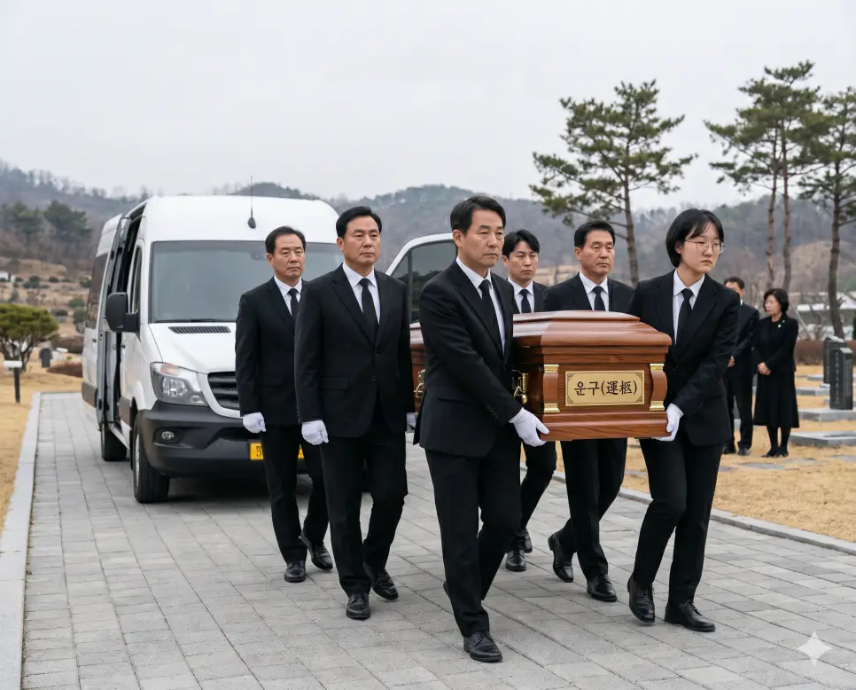 발인 뜻, 운구 뜻, 하관 뜻: 고인을 장지로 모시는 장례의 마지막 여정과 의례 2 운구 뜻 의미를 시각화하기 위해 흐린 야외 마당에서 정장 차림의 유가족들이 고인의 목재 관을 안전하게 이동시키는 인물 실사 모습